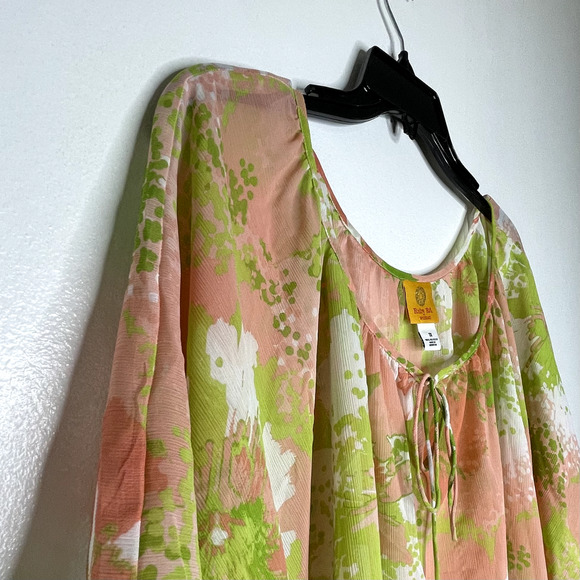 Ruby Rd Sheer Floral Blouse 1X Pink Green Spring Kimono Flutter Sleeve Top - Picture 2 of 5